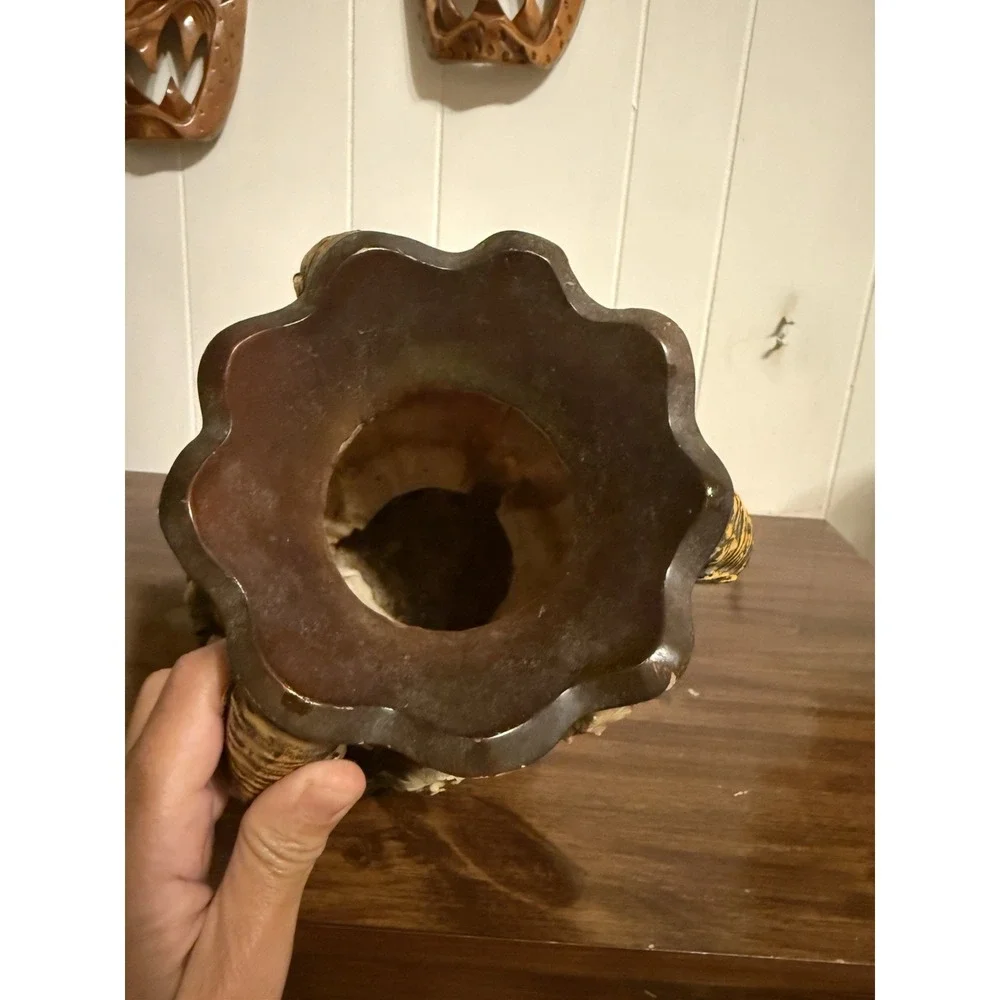 Vintage Native American WarriorDecorative Vase with BuffaloHorn Handles
